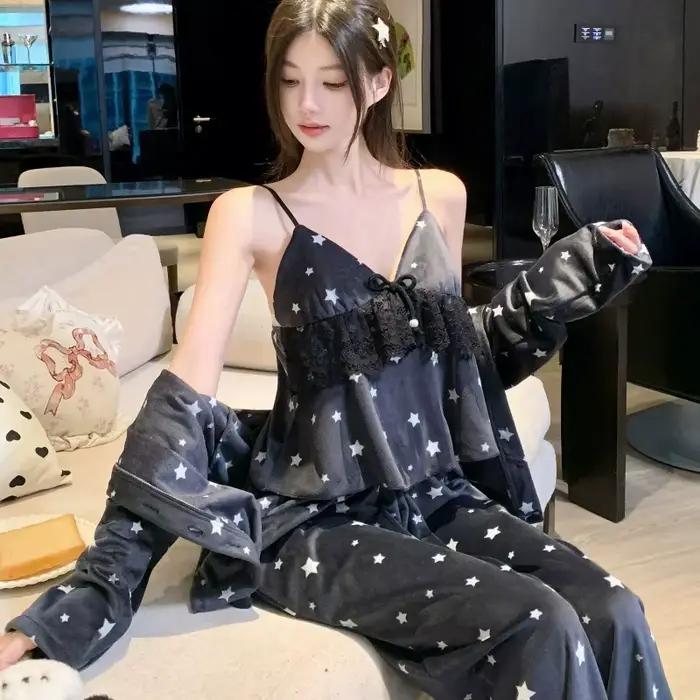Nouveau velours 3 pièces Pyjamas ensemble maison vêtements doux noir déshabillé en dentelle à manches longues pantalon