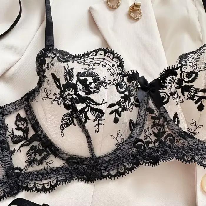 Ensemble de Lingerie brodée en dentelle, sous-vêtements en Tulle transparent, bretelles réglables, fantaisie florale, Boudoir Studio courbé pour femmes