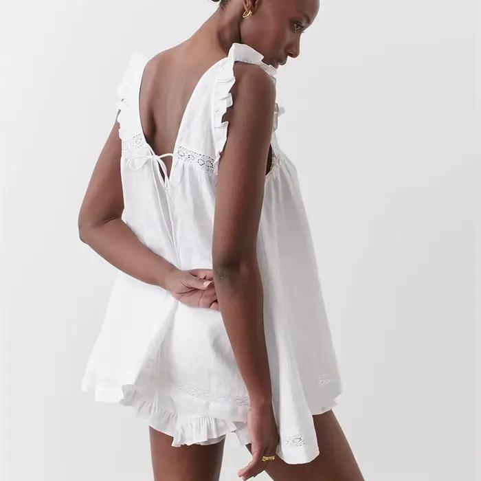 Hirigin – ensemble pyjama 2 pièces pour femmes, mignon, à volants, sans manches, en dentelle, Patchwork, débardeur + short, vêtements de salon décontractés
