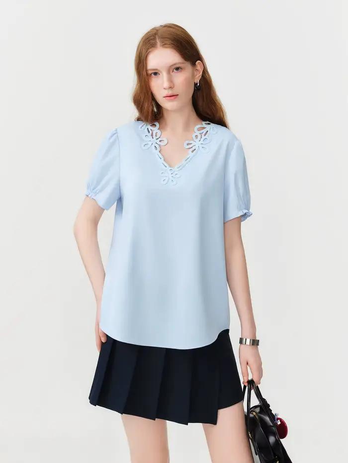 FSLE 2026 Blouse d'été pour femme à col en V français et manches bouffantes