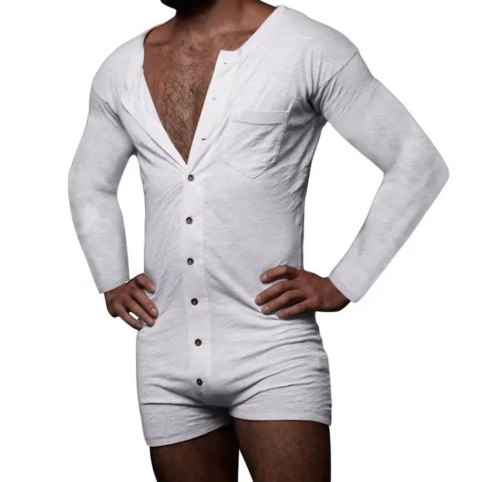 Pyjama sexy pour homme, combinaison, couleur unie, col rond, manches longues, t-shirt et short, nouveau, une pièce, boutonné, vêtements de maison