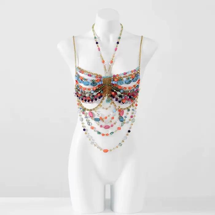 Bustier perlé pour femme, haut de bikini, vêtement de plage, lingerie, style club et rave, avec col en perles imposant
