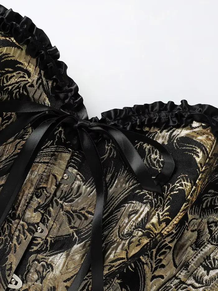 Corset bustier noir et or jacquard sans bretelles avec volants et laçage au dos, cincher de taille à baleines pour femme