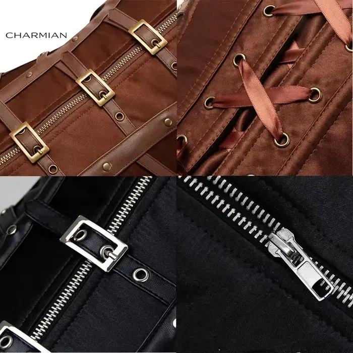 Corset en cuir steampunk Charmian pour femme, sexy, gothique, avec rivets, boucles et fermeture éclair, corset surbuste blindé, grande taille GPVITM