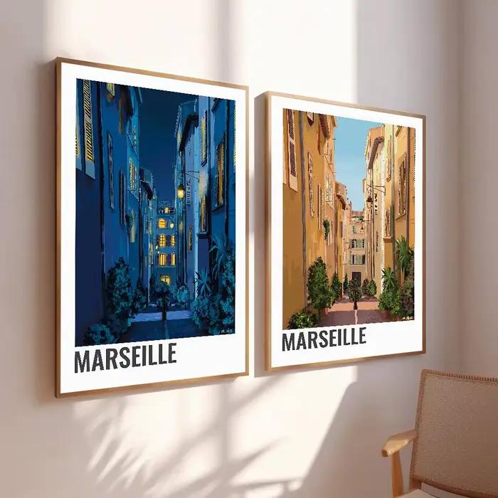 Affiche Murale Rétro Colorée Marseille : Bouteille de Pastis, Rue Marine – Décoration Artistique pour Maison, Café, Appartement
