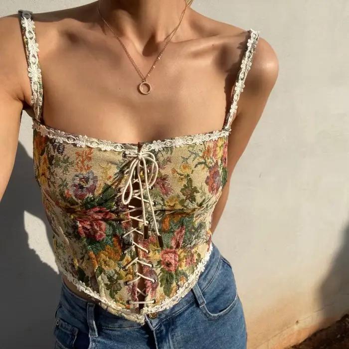Mignon Vintage Floral Jacquard Corset broderie haut bustier rétro arête de poisson à lacets