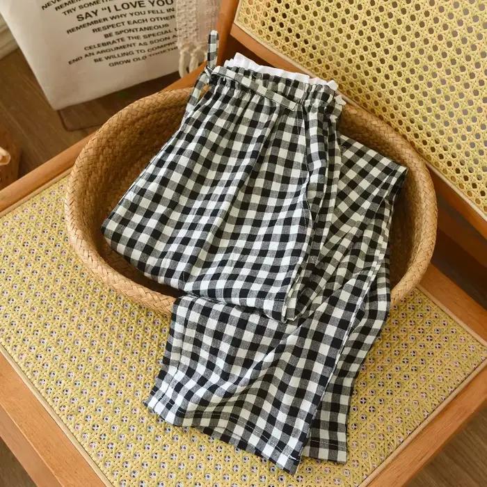 2026 nouveaux vêtements de nuit pour femmes 100% coton gaze dentelle pantalons à carreaux japonais minimaliste maison
