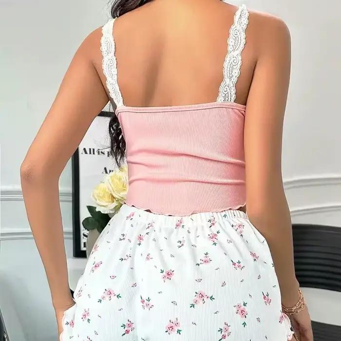 Ensemble pyjama féminin rose dentelle patchwork haut imprimé short doux vêtements détente nuits chaudes été sexy tenue de nuit occasions spéciales