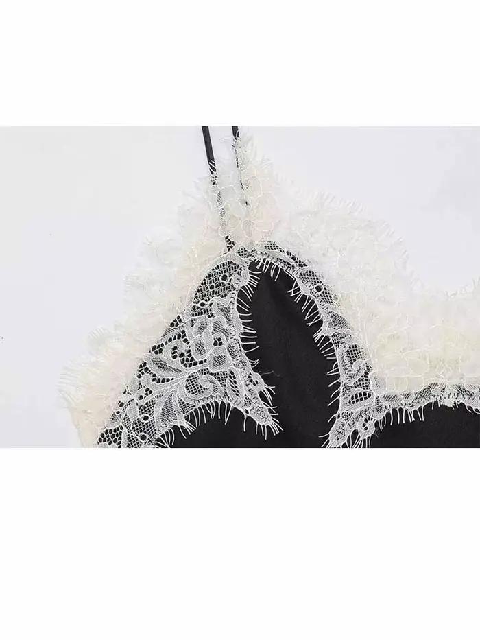 HH été femme mode Sexy sans manches dos nu dentelle décoration soie Satin Texture Camisole haut