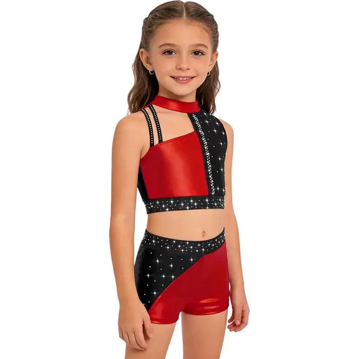 Tenue de gymnastique pour enfants filles, patinage artistique, danse de Ballet, Costume de spectacle, strass brillants, haut court métallique avec short