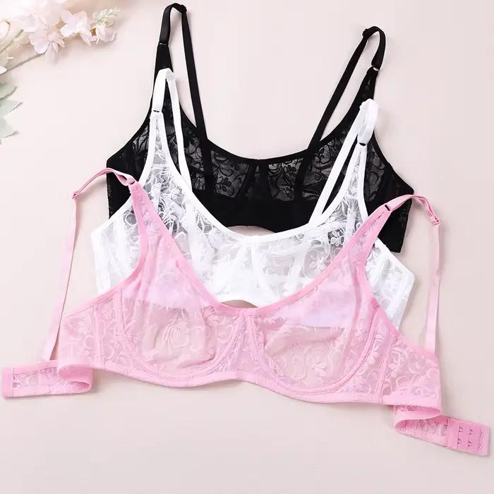 Soutiens-gorge pour femmes grande taille dentelle maille BH hauts à armatures broderie voir à travers des sous-vêtements Sexy Lingerie brassière A B C D DD tasse