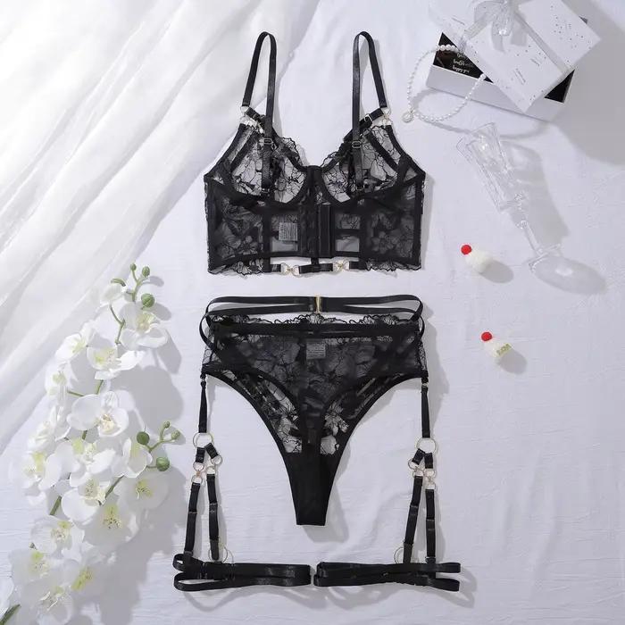 Dames intime luxe brodé fleur Sexy 4 pièces ensemble haut érotique coupe ajustée façonnage femmes