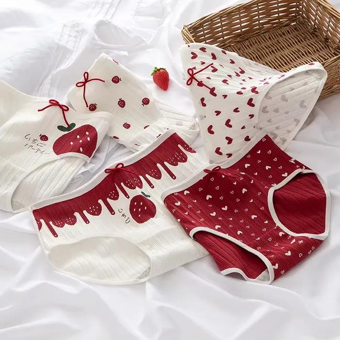 Culottes en coton pour femmes, sous-vêtements sexy, lingerie douce, culottes à lacets, imprimées fraises et cœurs
