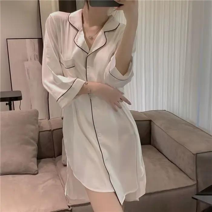 Chemise de nuit sexy pour femme en soie polyester tricoté minijupe col rabattu léger pour été et automne confort élégance nuit erotique