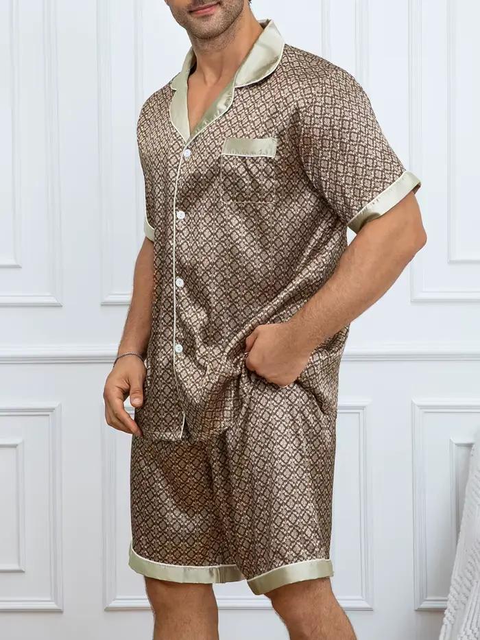 Ensemble pyjama imprimé à carreaux pour hommes, haut à revers à manches courtes et Short élastique, confortable, parfait pour les vêtements de nuit d'été, vêtements de détente