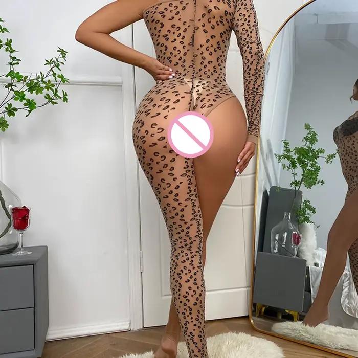 Résille Sexy porno sous-vêtements femmes body Lingerie léopard jambe unique