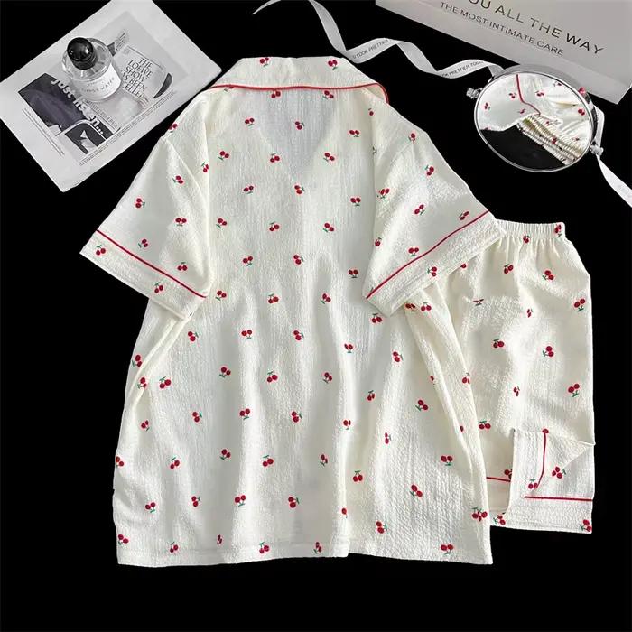 Ensemble pyjama d'été pour femmes, salon coréen, manches courtes, costume en crêpe à bulles, pyjama pour filles, mignon cerise, vêtements de nuit pour enfants, vêtements de maison