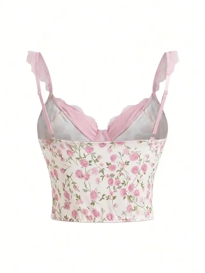 Haut corset à imprimé floral rose doux pour femme – Bustier court avec détail de nœud en dentelle