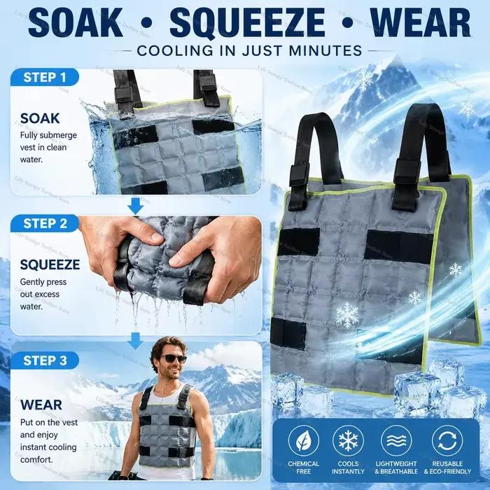 Gilet de refroidissement par évaporation à injection d'eau, enveloppement corporel réutilisable à absorption automatique avec blocs de glace, idéal pour les travaux de construction en été sous les for