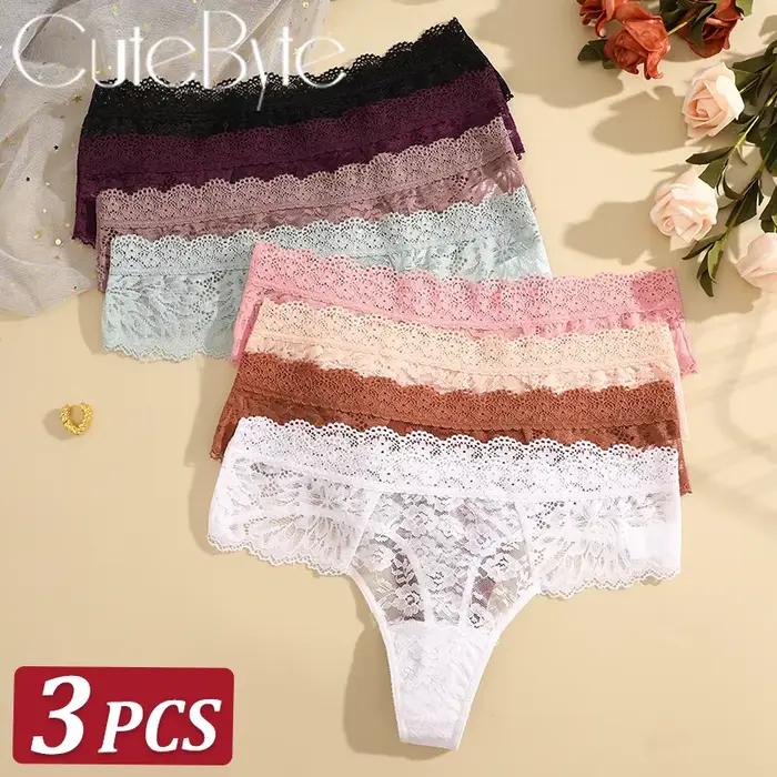 3 pièces dentelle Sexy tongs femmes taille basse slips