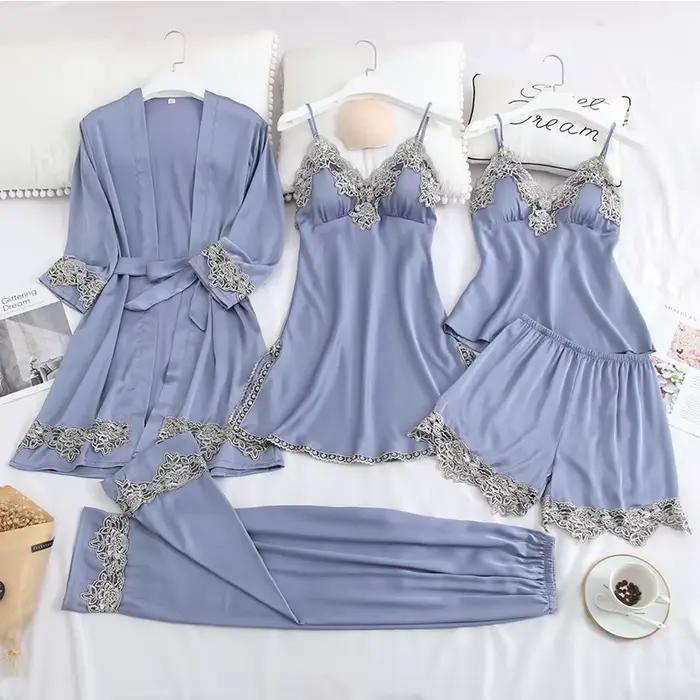 Ensembles de pyjamas en satin pour femmes avec coussinets de poitrine