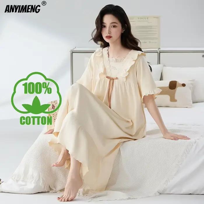 Chemises de nuit pour femmes 100% coton, style princesse rétro, chemise de nuit élégante pour femme, taille M-4XL, robe d'été à manches courtes