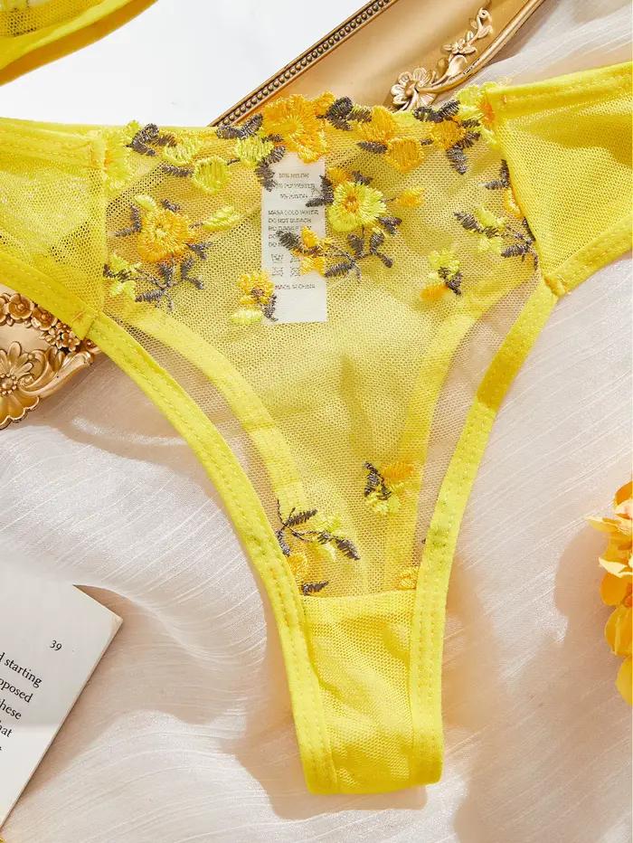 Ensemble de lingerie féminine transparente jaune broderie florale trois quarts tasse soutien gorge et culotte ajustables pour femmes occasions spéciales