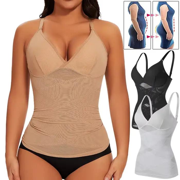 Camisole de shapewear col en V pour femmes, contrôle du buste et de la taille, compression, soutien-gorge intégré, matière en nylon et élasthanne, pour toutes les occasions