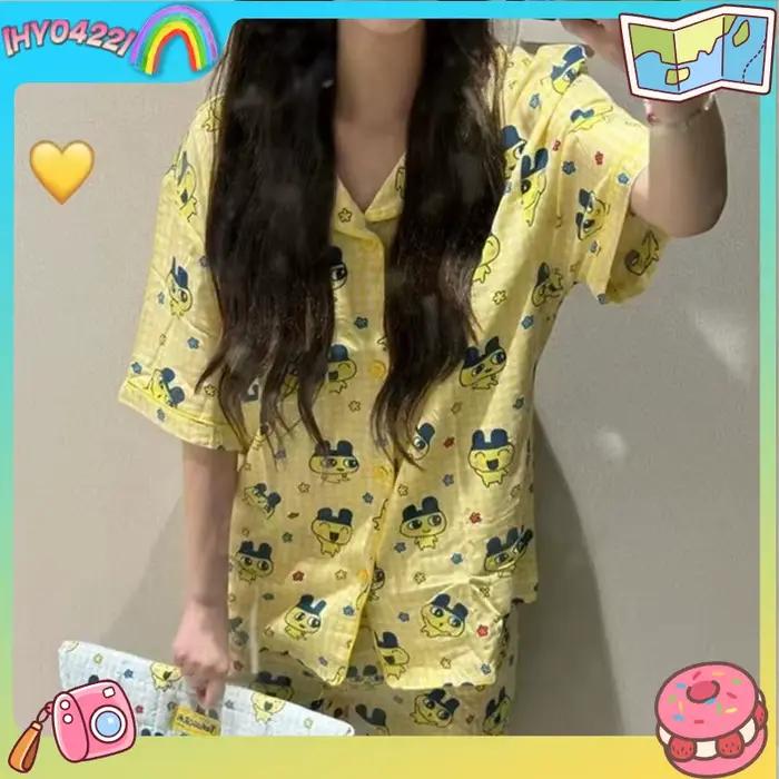 Ensemble de pyjama en coton pour femmes Mameiji, motif à carreaux bleu, mignon dessin animé Tamagot Chi, manches courtes, shorts, vêtements de détente fins et doux pour l'été