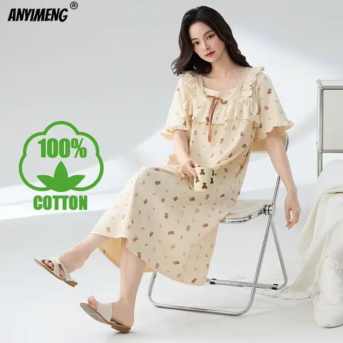 Chemises de nuit pour femmes 100% coton, style princesse rétro, chemise de nuit élégante pour femme, taille M-4XL, robe d'été à manches courtes
