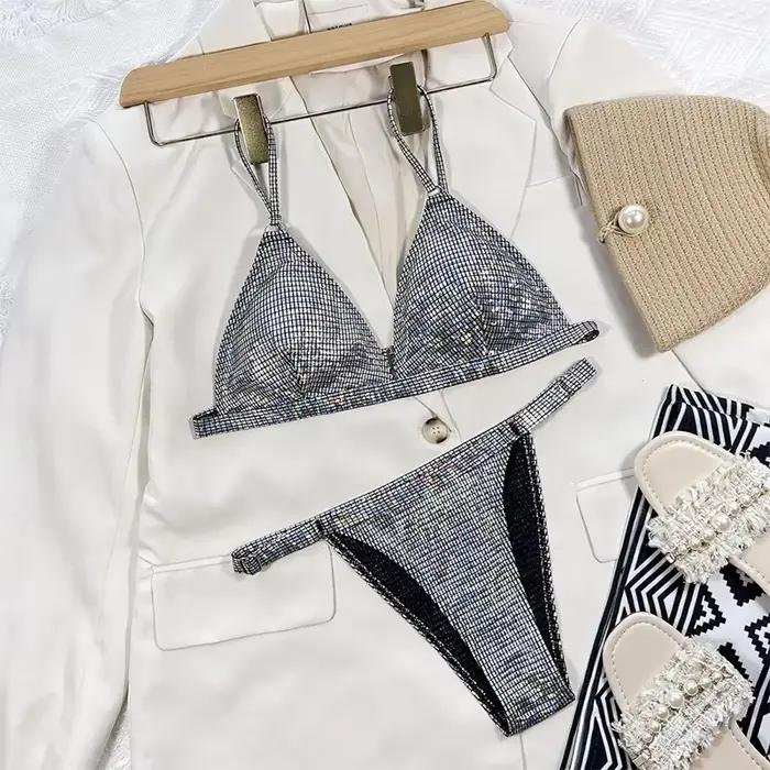 Maillot de bain scintillant doré pour femme 2026, bikini deux pièces brillant, sexy, col en V, bretelles, taille haute, dos nu, XMC185W