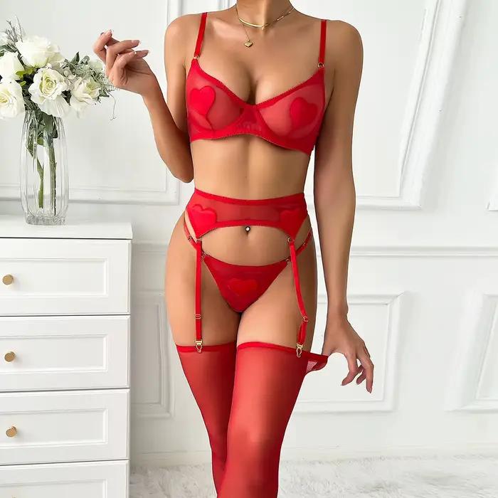 Diccvicc Love Heart Lingerie pour femme avec bas transparent en maille soutien-gorge porte-jarretelles sous-vêtements Sexy ensemble exotique tenues érotiques
