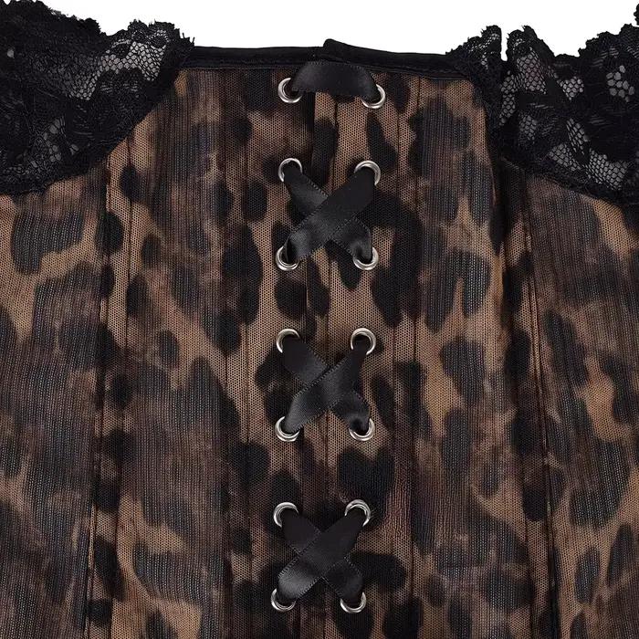 Corset Bustier Femme Léopard en Dentelle Imprimé Animalier Sexy, Maille Transparente, Baleines Intégrées, Fermeture Métallique, Effet Amincissant, Top de Soirée et de Club