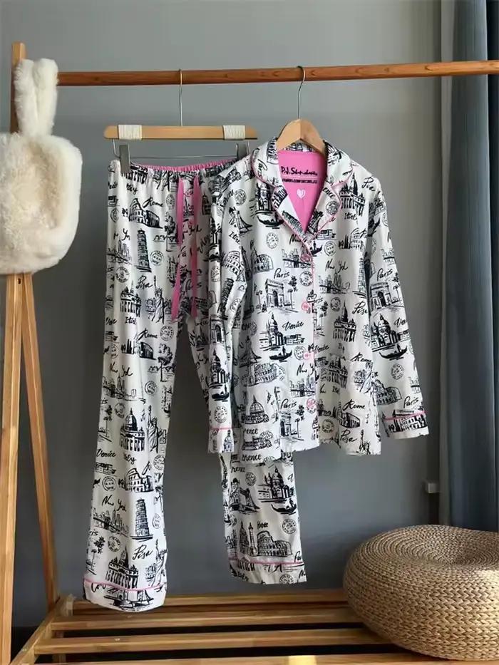 2025 nouveau pyjama costume coton 2 pièces ensemble femmes imprimer dessin animé vêtements de nuit à manches longues