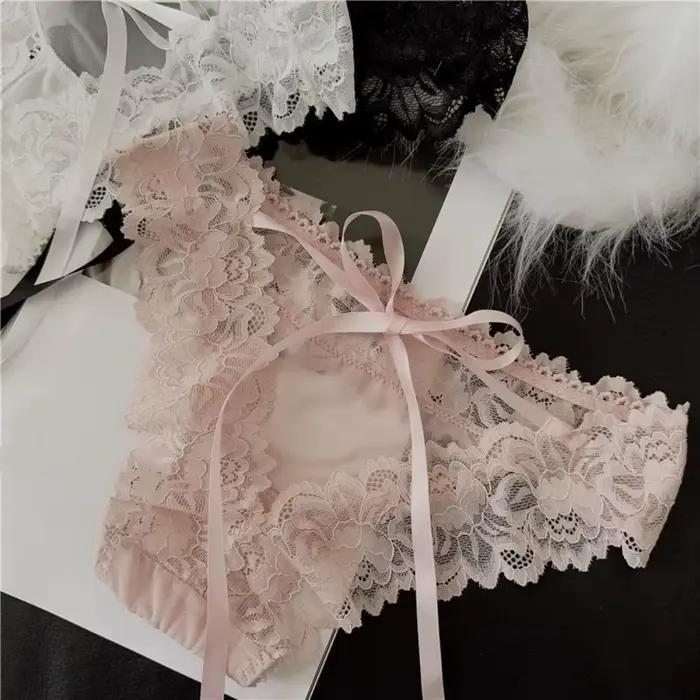 Culottes transparentes à taille basse en dentelle style français avec nœud et fleurs