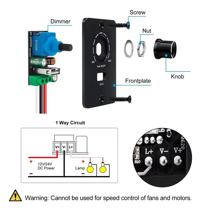 Variateur LED PWM 12-24 V DC, variateur 5 A 3 fils pour ampoules LED avec charge rapide USB QC 3.0 pour camping-car, bateau, camion