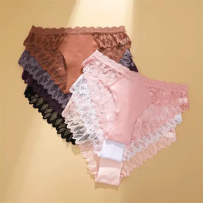 FINETOO 3 pièces dentelle évider sous-vêtements pour femmes Sexy taille basse slips floraux femme Invisible respirant Lingerie doux intime