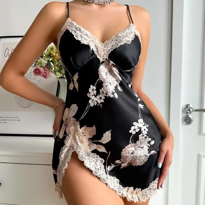 Chemise de nuit en dentelle fendue sur le côté pour femmes, vêtements de nuit sexy à col en V, robe de pyjama grill, vêtements d'intérieur léopard, injSatin