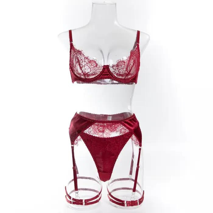 Ensemble de lingerie sexy pour femme : Soutien-gorge, ceinture et string en dentelle française et satin patchwork, avec jarretières, sous-vêtements sexy et élégants