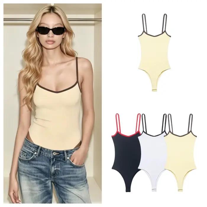 Combinaison Femme Été 2026 Nouvelle Collection Style Fille Tendance Col Rond Biais Coloré Bretelles Tissu Mélange Coton