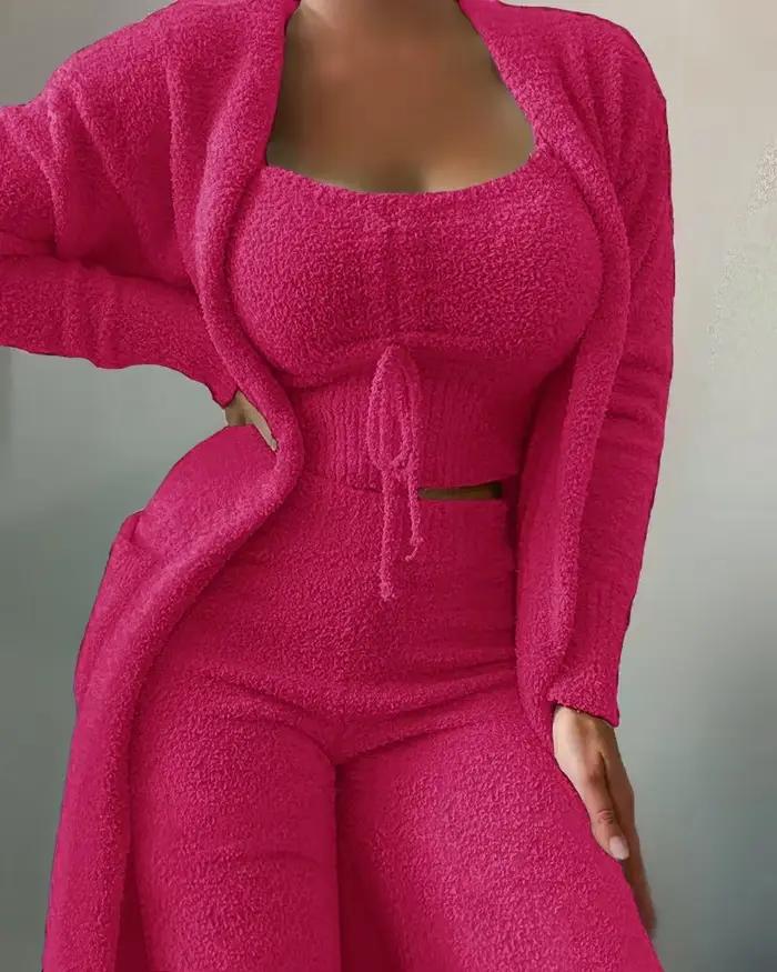 Ensemble trois pièces pyjama en peluche pour femmes