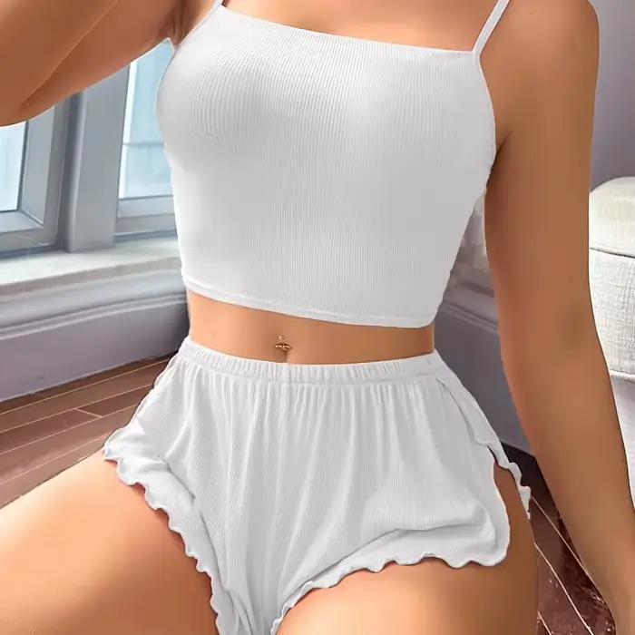 Nouvel ensemble de pyjama décontracté et confortable pour femme 2026 – Vêtements d'intérieur d'été tendance couleur unie avec short à bretelles et débardeur Y2K – Collection très prisée