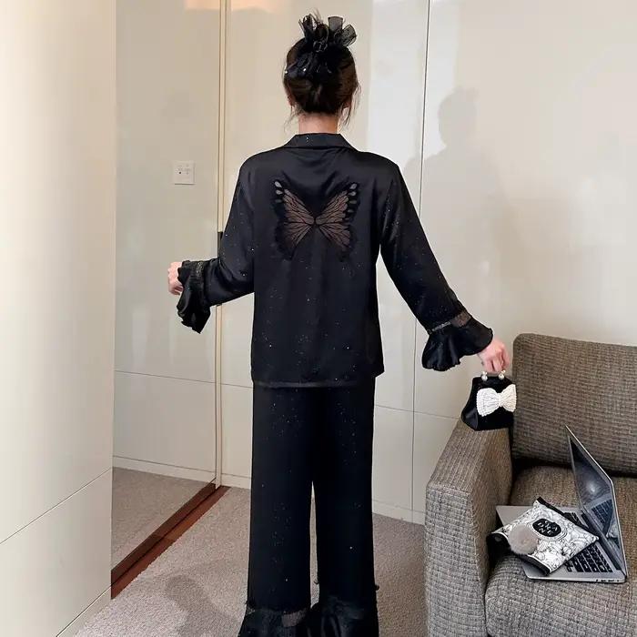 Noir dos nu doux mignon imprimé Pijamas costume été femme Pyjamas ensemble vêtements de nuit en vrac Satin Homewear à