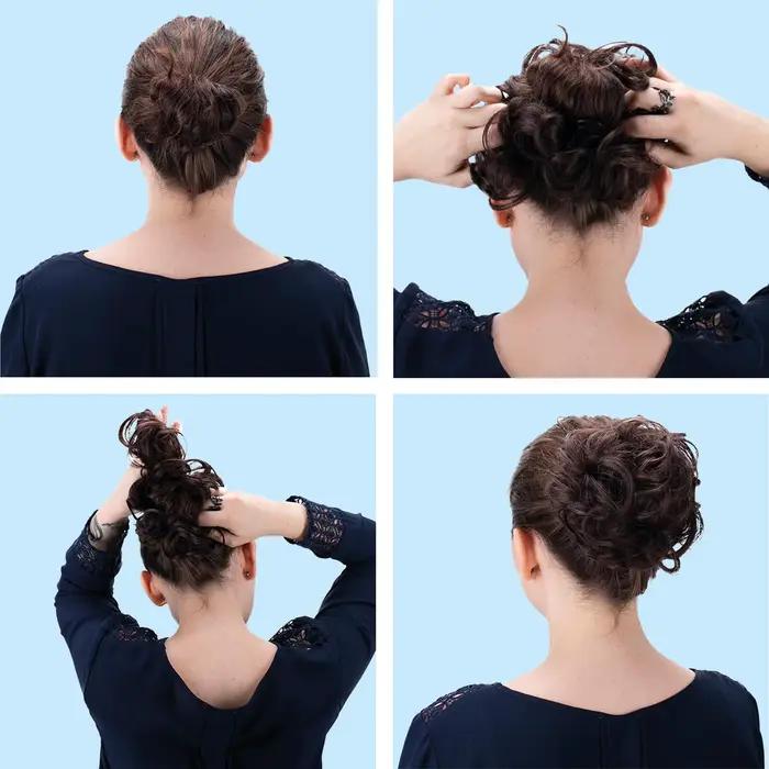 Chignon synthétique bouclé gris foncé volumineux pour coiffure de mariée, style désordonné