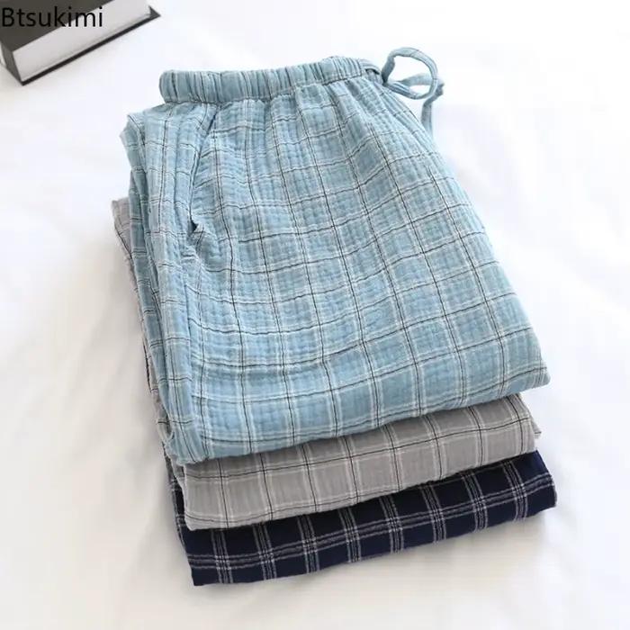 Bas de sommeil japonais pour hommes, pantalon de pyjama à carreaux en treillis Simple, fil de coton 100%, vêtements de maison, taille élastique, nouvelle collection 2026