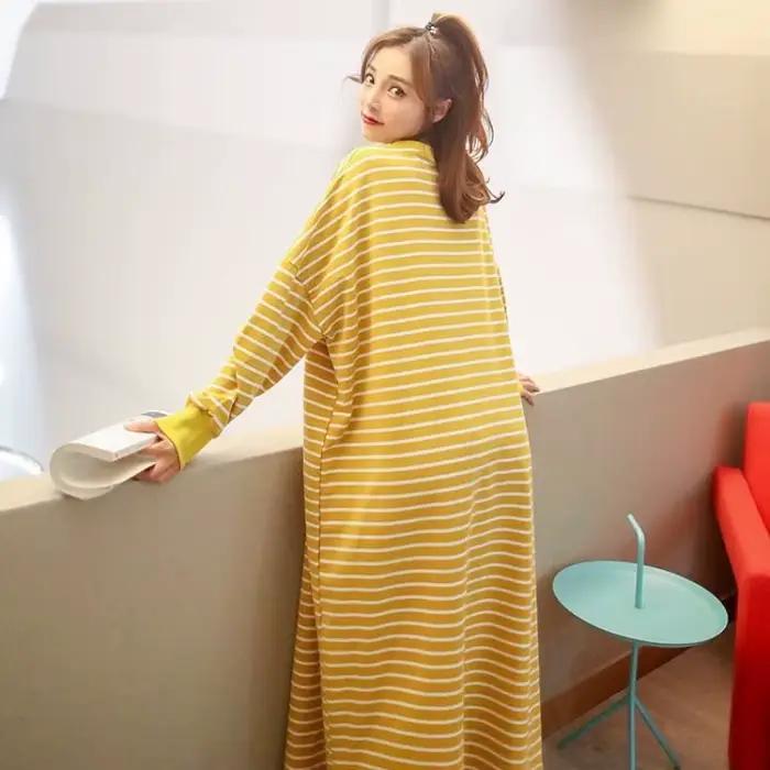 Chemise de nuit femme M-5XL automne manches longues rinçage longueur rayé Preppy mn adolescents Kawaii loisirs vêtements