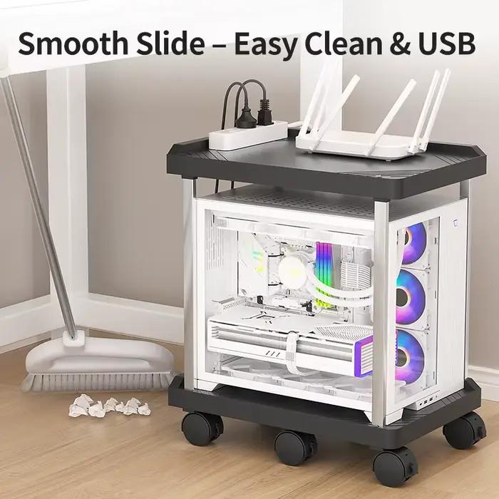 Support pour tour d'ordinateur, base mobile avec roulettes, rangement double niveau, support de refroidissement