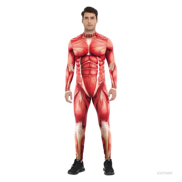 2025 Body moulant musculaire rouge pour hommes adulte Halloween corps Macho imprimé combinaison carnaval fête scène maquillage Performance collants