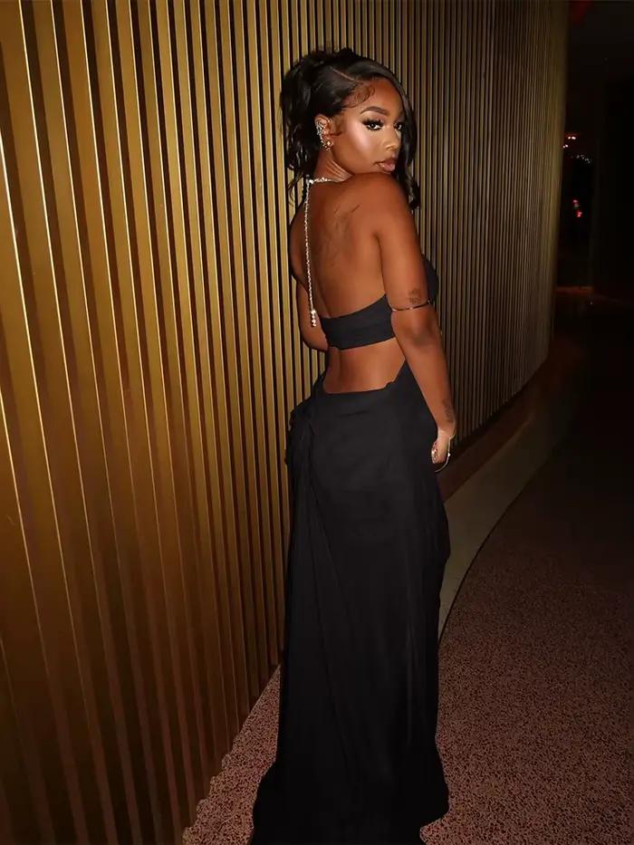 Nibber Bal Robe De Soirée Femme Sexy Voir À Travers De Luxe Chaîne Halter Col Bas Dos Nu Sans Manches Minuit Élégant Robes