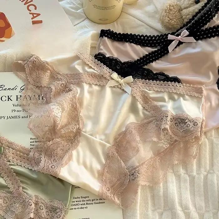 Slip en dentelle à panneaux en Satin, sous-vêtements Sexy pour femmes, culotte taille basse, slip doux, Lingerie confortable, Тру Жсы => Kamiе